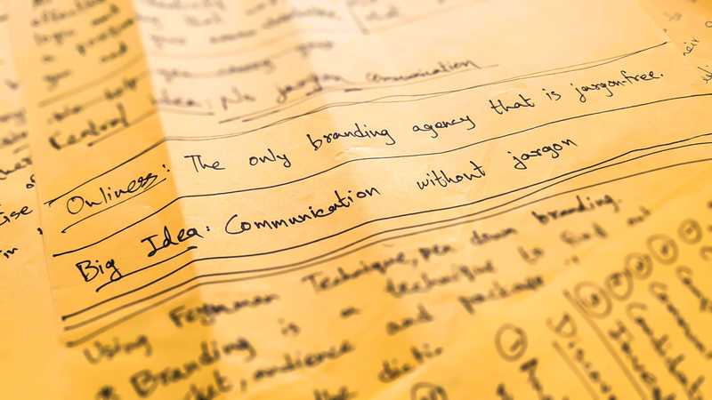 A yellow page with the onliness statement and big idea of Slangbusters